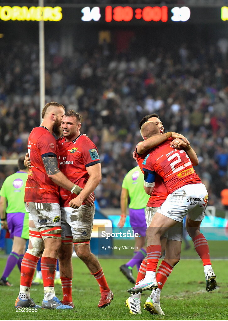 27 May 2023; Munster players, from left, RG Snyman, Tadhg Beirne, Conor Murray and Keith Earls celebrate after the United Rugby Championship Final match between DHL Stormers and Munster at DHL Stadium in Cape Town, South Africa. Photo by Ashley Vlotman/Sportsfile