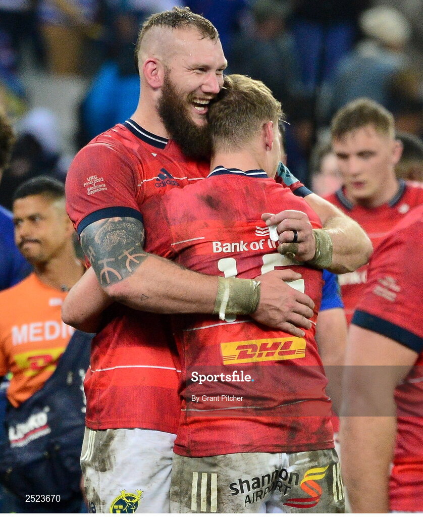 27 May 2023; RG Snyman, left, and Mike Haley of Munster celebrate after the United Rugby Championship Final match between DHL Stormers and Munster at DHL Stadium in Cape Town, South Africa. Photo by Grant Pitcher/Sportsfile