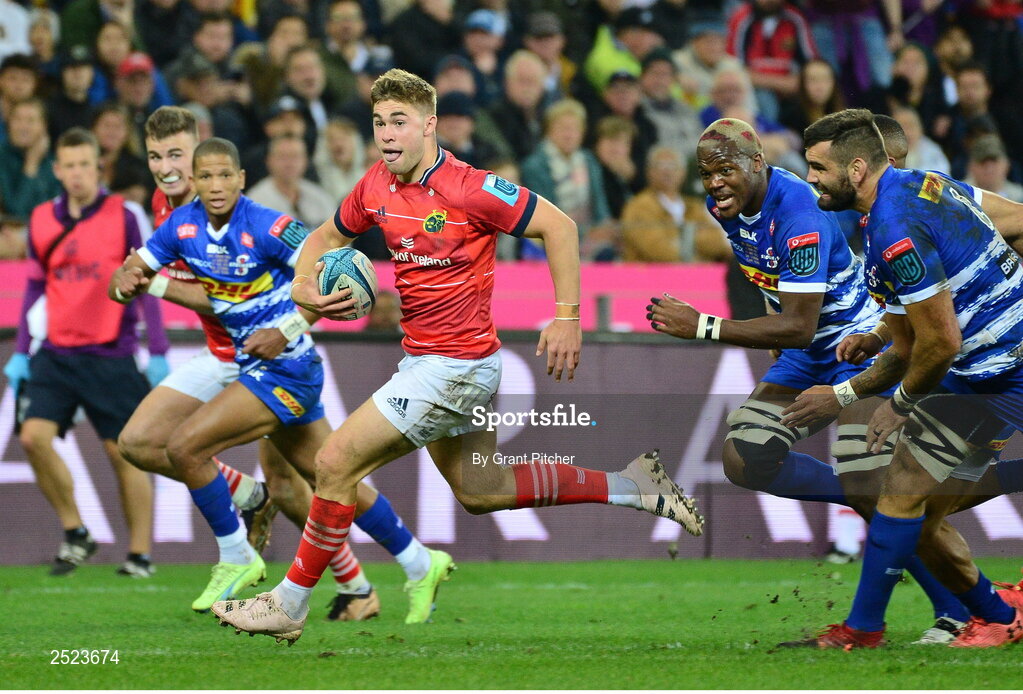 27 May 2023; Jack Crowley of Munster makes a break during the United Rugby Championship Final match between DHL Stormers and Munster at DHL Stadium in Cape Town, South Africa. Photo by Grant Pitcher/Sportsfile