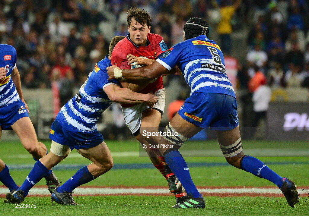 27 May 2023; Antoine Frisch of Munster is tackled by Marvin Orie of DHL Stormers during the United Rugby Championship Final match between DHL Stormers and Munster at DHL Stadium in Cape Town, South Africa. Photo by Grant Pitcher/Sportsfile