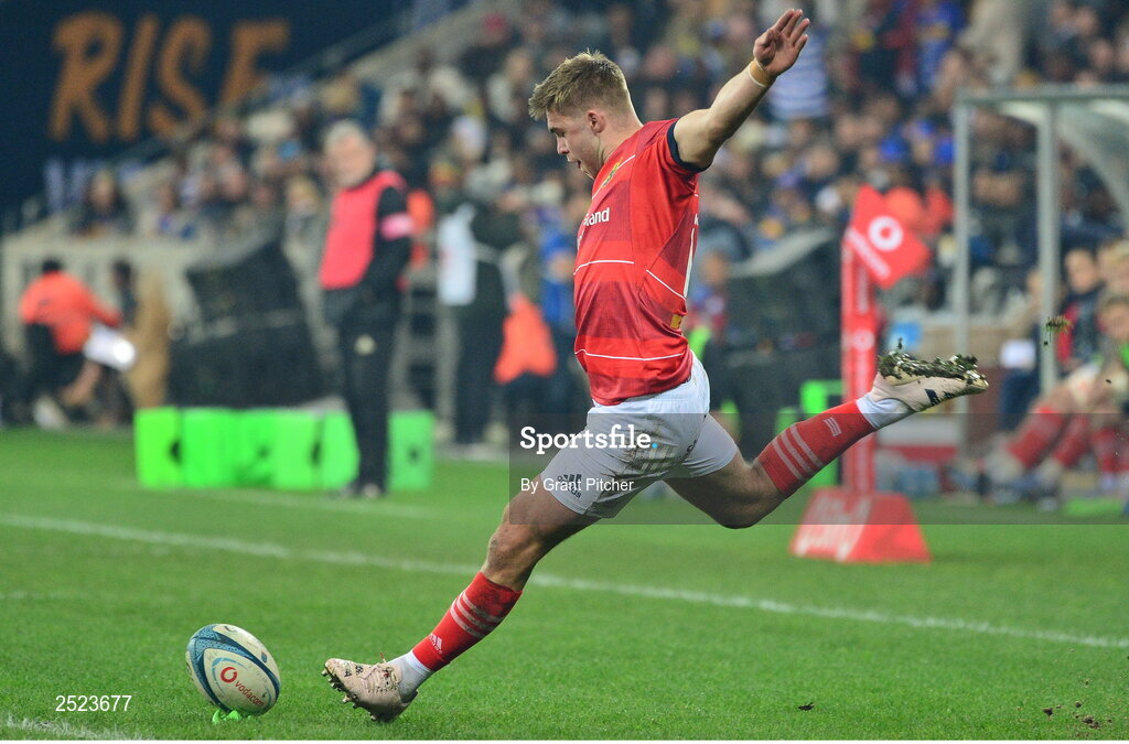 27 May 2023; Jack Crowley of Munster kicks a conversion during the United Rugby Championship Final match between DHL Stormers and Munster at DHL Stadium in Cape Town, South Africa. Photo by Grant Pitcher/Sportsfile
