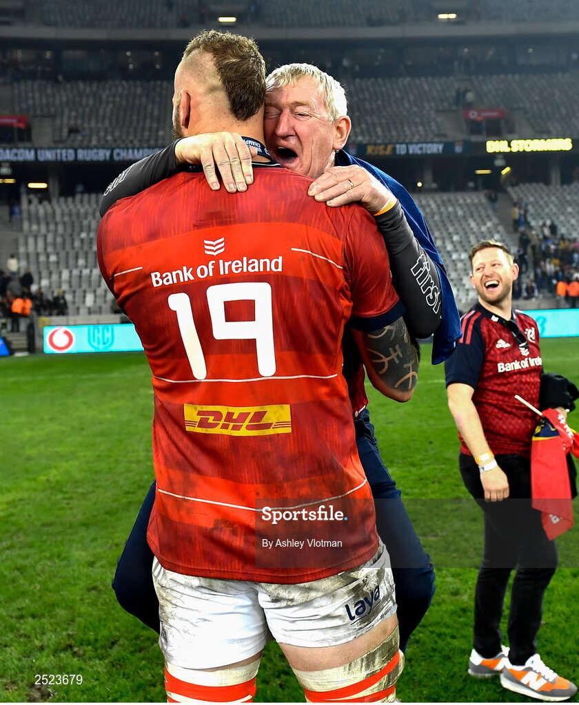 27 May 2023; RG Snyman of Munster, 19, celebrates after the United Rugby Championship Final match between DHL Stormers and Munster at DHL Stadium in Cape Town, South Africa. Photo by Ashley Vlotman/Sportsfile