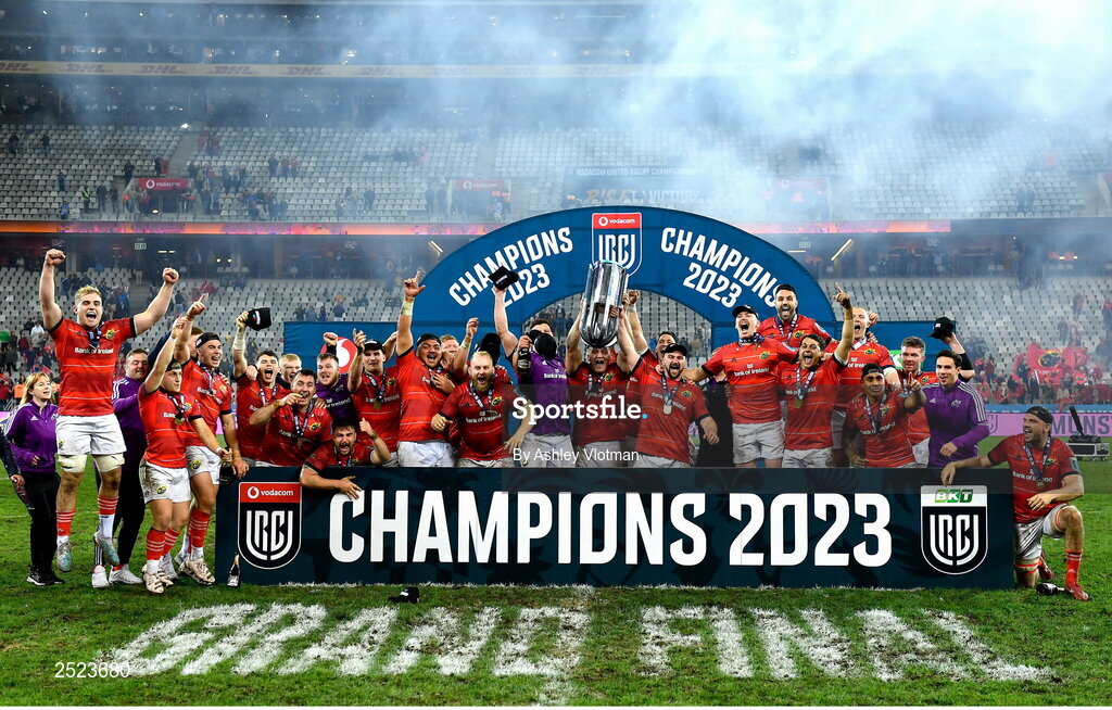 27 May 2023; Munster players celebrate with the trophy after the United Rugby Championship Final match between DHL Stormers and Munster at DHL Stadium in Cape Town, South Africa. Photo by Ashley Vlotman/Sportsfile