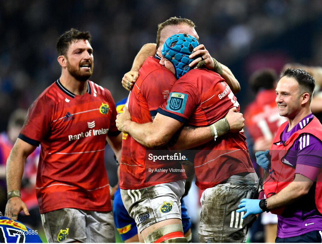27 May 2023; Munster players, from left, Jean Kleyn, RG Snyman and Tadhg Beirne celebrate at the final whistle of the United Rugby Championship Final match between DHL Stormers and Munster at DHL Stadium in Cape Town, South Africa. Photo by Ashley Vlotman/Sportsfile