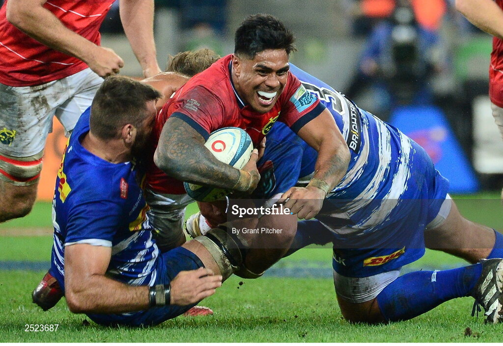 27 May 2023; Malakai Fekitoa of Munster is tackled by Ruben van Heerden and Frans Malherbe of DHL Stormers during the United Rugby Championship Final match between DHL Stormers and Munster at DHL Stadium in Cape Town, South Africa. Photo by Grant Pitcher/Sportsfile