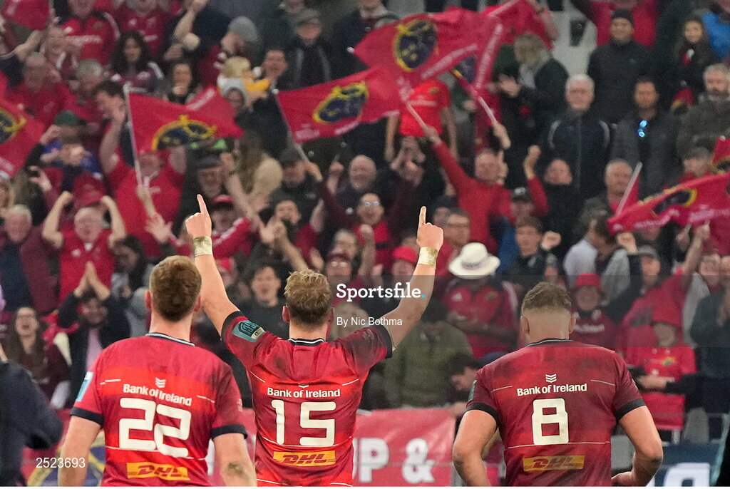 27 May 2023; Munster players, from left, Ben Healy, Mike Haley and Gavin Coombes salute their supporters after the the United Rugby Championship Final match between DHL Stormers and Munster at DHL Stadium in Cape Town, South Africa. Photo by Nic Bothma/Sportsfile
