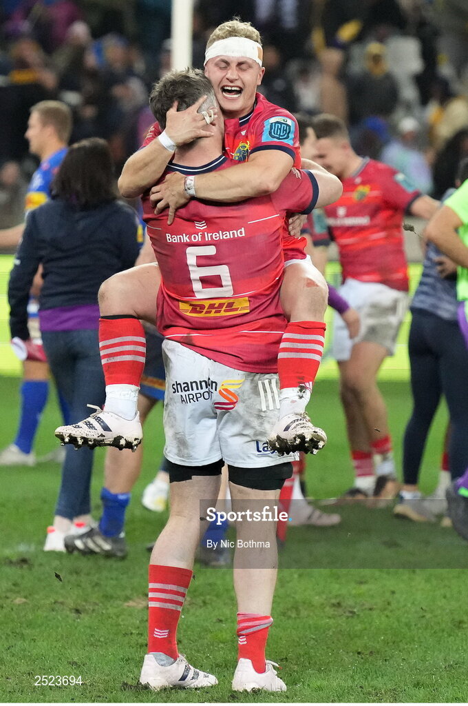 27 May 2023; Craig Casey, right, and captain Peter O'Mahony of Munster celebrate after the United Rugby Championship Final match between DHL Stormers and Munster at DHL Stadium in Cape Town, South Africa. Photo by Nic Bothma/Sportsfile