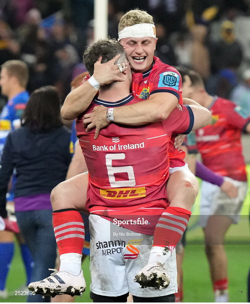 27 May 2023; Craig Casey, right, and captain Peter O'Mahony of Munster celebrate after the United Rugby Championship Final match between DHL Stormers and Munster at DHL Stadium in Cape Town, South Africa. Photo by Nic Bothma/Sportsfile
