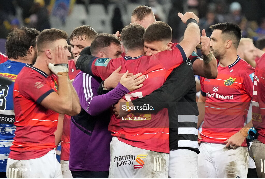 27 May 2023; Munster players Dave Kilcoyne, Peter O'Mahony and Fineen Wycherley celebrate after the United Rugby Championship Final match between DHL Stormers and Munster at DHL Stadium in Cape Town, South Africa. Photo by Nic Bothma/Sportsfile