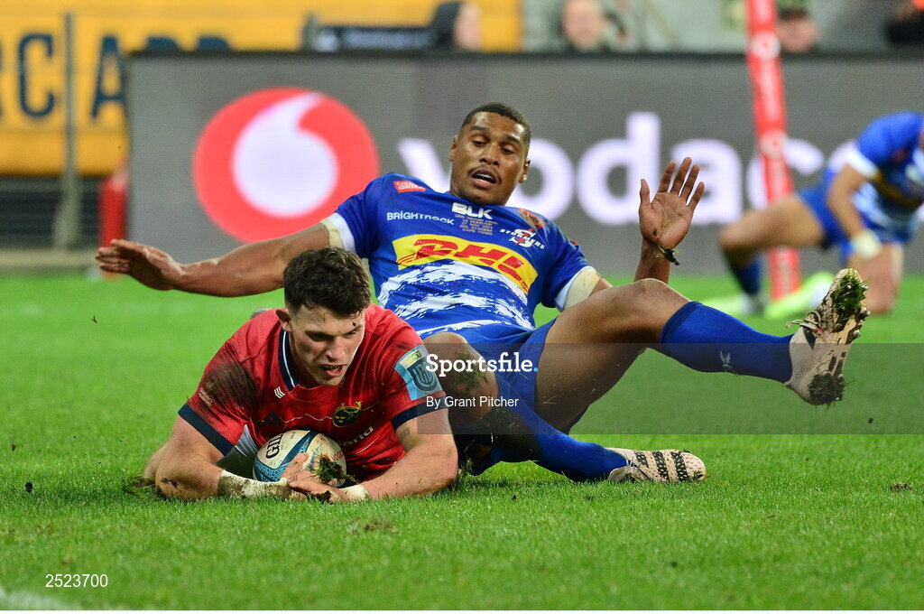 27 May 2023; Calvin Nash of Munster scores his side's second try during the United Rugby Championship Final match between DHL Stormers and Munster at DHL Stadium in Cape Town, South Africa. Photo by Grant Pitcher/Sportsfile