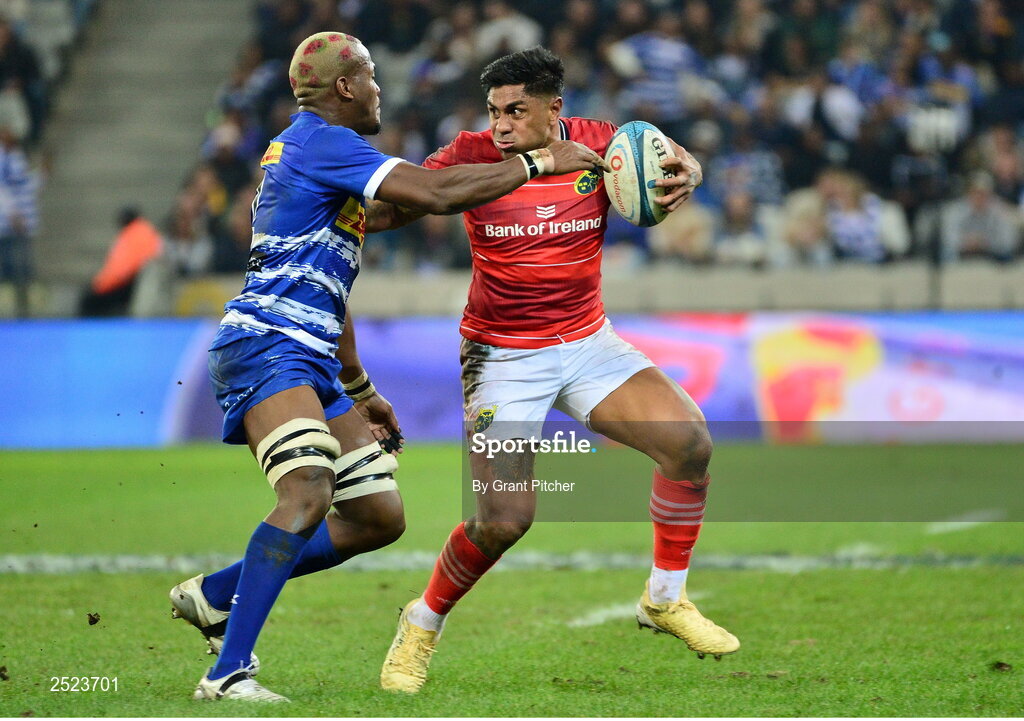 27 May 2023; Malakai Fekitoa of Munster is tackled by Hacjivah Dayimani of DHL Stormers during the United Rugby Championship Final match between DHL Stormers and Munster at DHL Stadium in Cape Town, South Africa. Photo by Grant Pitcher/Sportsfile