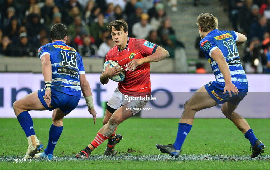 27 May 2023; Antoine Frisch of Munster in action against Ruhan Nel, left, and Dan du Plessis of DHL Stormers during the United Rugby Championship Final match between DHL Stormers and Munster at DHL Stadium in Cape Town, South Africa. Photo by Grant Pitcher/Sportsfile