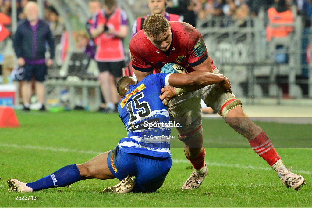 27 May 2023; Gavin Coombes of Munster tackled by Damian Willemse of DHL Stormers during the United Rugby Championship Final match between DHL Stormers and Munster at DHL Stadium in Cape Town, South Africa. Photo by Grant Pitcher/Sportsfile
