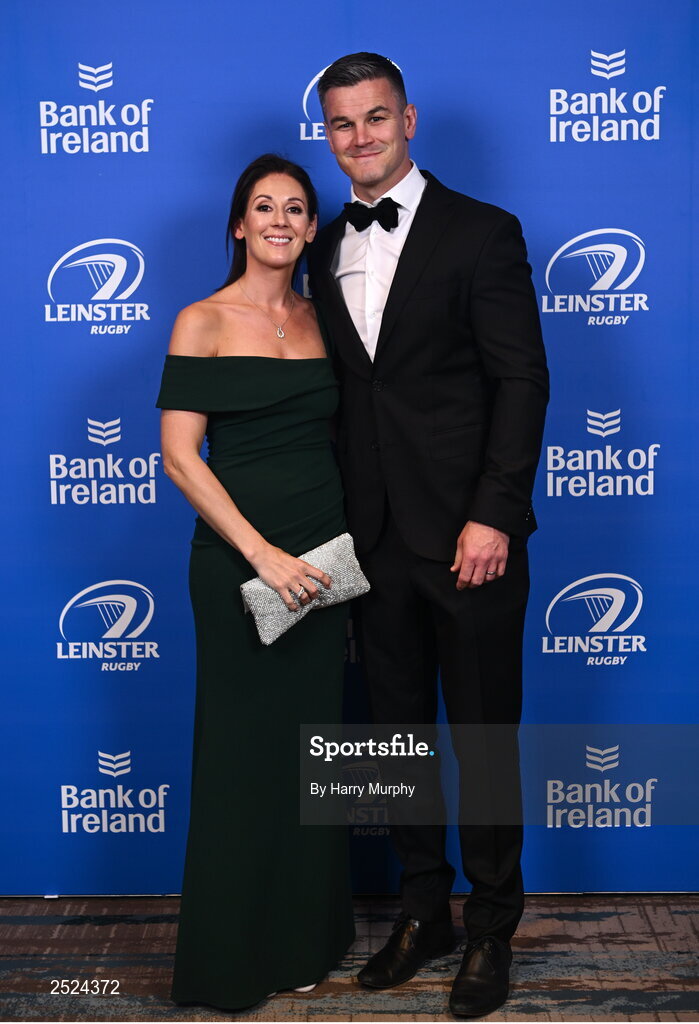 28 May 2023; On arrival at the Leinster Rugby Awards Ball is Jonathan and Laura Sexton. The Leinster Rugby Awards Ball, which took place at the Clayton Hotel Burlington Road in Dublin, was a celebration of the 2022/23 Leinster Rugby. Photo by Harry Murphy/Sportsfile
