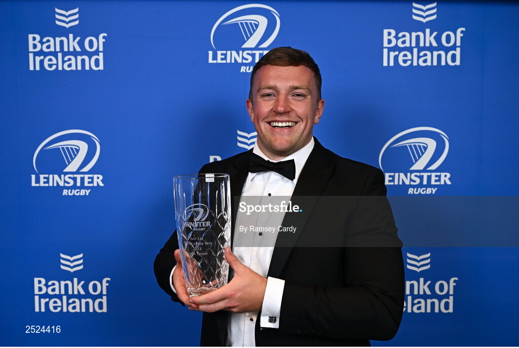 28 May 2023; Liam Turner with the Just Eat Tackle of the Year award at the Leinster Rugby Awards Ball, which took place at the Clayton Hotel Burlington Road in Dublin, was a celebration of the 2022/23 Leinster Rugby season. Photo by Ramsey Cardy/Sportsfile