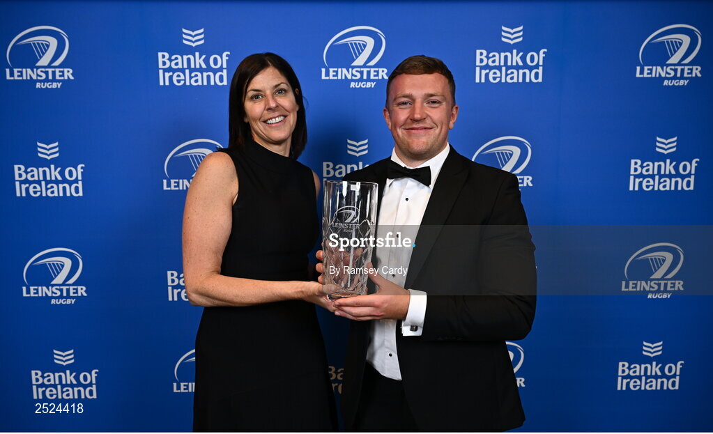 28 May 2023; Liam Turner is presented the Just Eat Tackle of the Year award by Amanda Roche-Kelly of Just Eat at the Leinster Rugby Awards Ball, which took place at the Clayton Hotel Burlington Road in Dublin, was a celebration of the 2022/23 Leinster Rugby season. Photo by Ramsey Cardy/Sportsfile