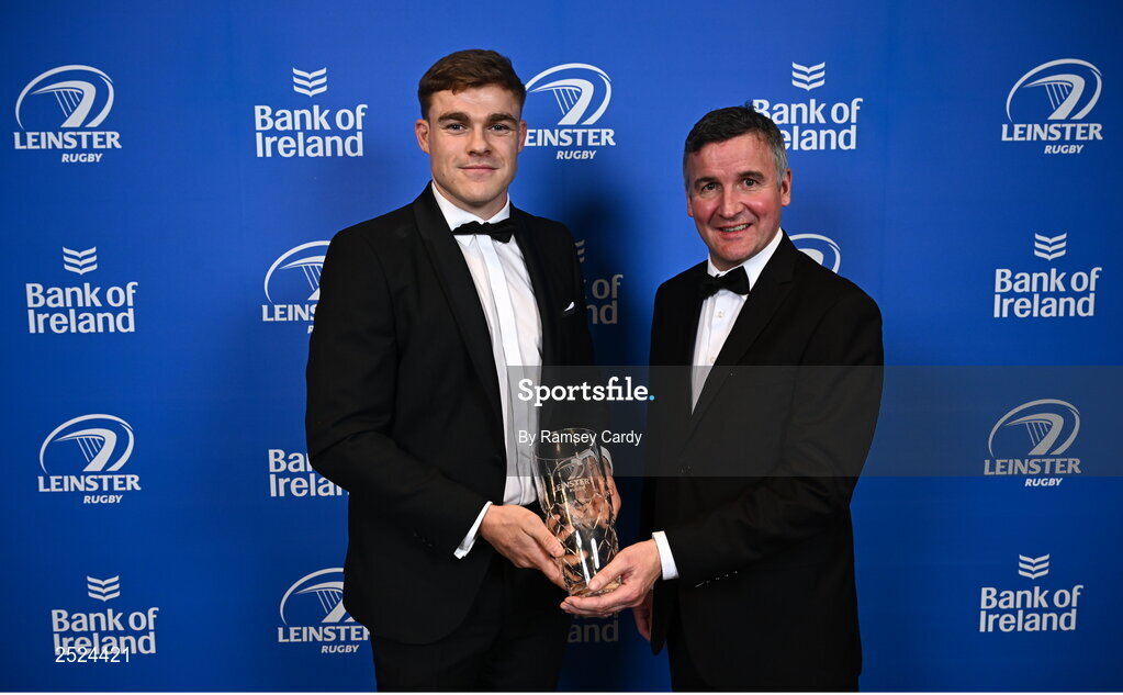 28 May 2023; Garry Ringrose is presented The Irish Times Try of the Year award by Noel O'Reilly of The Irish Times at the Leinster Rugby Awards Ball, which took place at the Clayton Hotel Burlington Road in Dublin, was a celebration of the 2022/23 Leinster Rugby season. Photo by Ramsey Cardy/Sportsfile