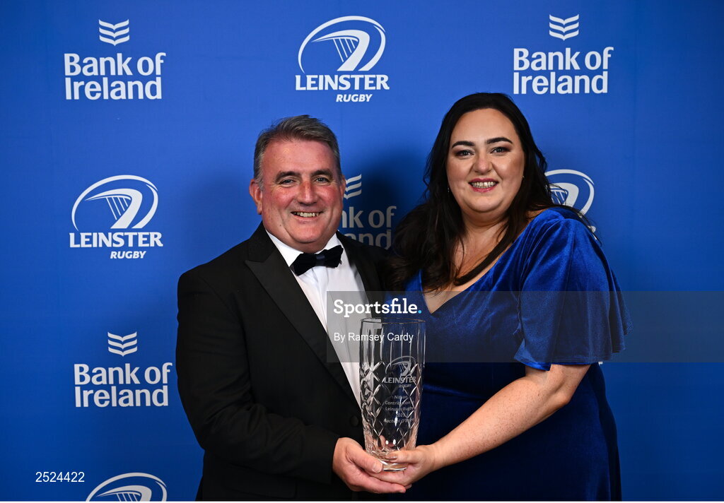 28 May 2023; Rachael O'Brien is presented the Nissan Ireland Contribution to Leinster Rugby award by Seamus Morgan of Nissan Ireland at the Leinster Rugby Awards Ball, which took place at the Clayton Hotel Burlington Road in Dublin, was a celebration of the 2022/23 Leinster Rugby season. Photo by Ramsey Cardy/Sportsfile
