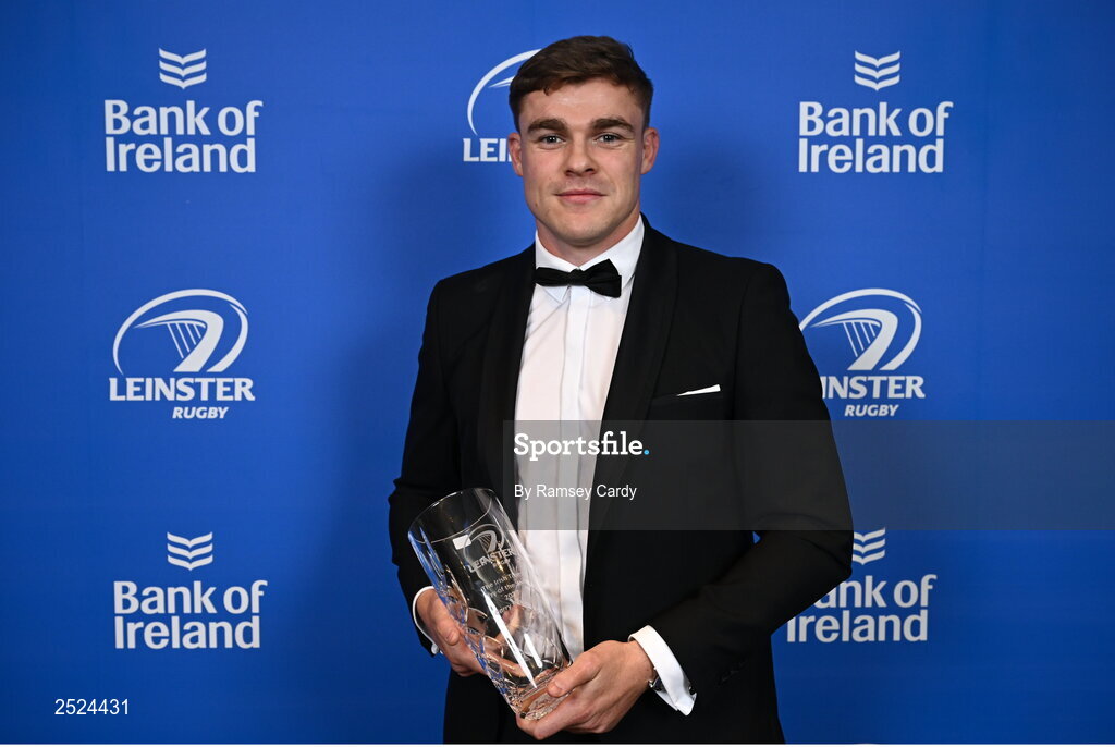 28 May 2023; Garry Ringrose with his Irish Times Try of the Year award at the Leinster Rugby Awards Ball, which took place at the Clayton Hotel Burlington Road in Dublin, was a celebration of the 2022/23 Leinster Rugby season. Photo by Ramsey Cardy/Sportsfile