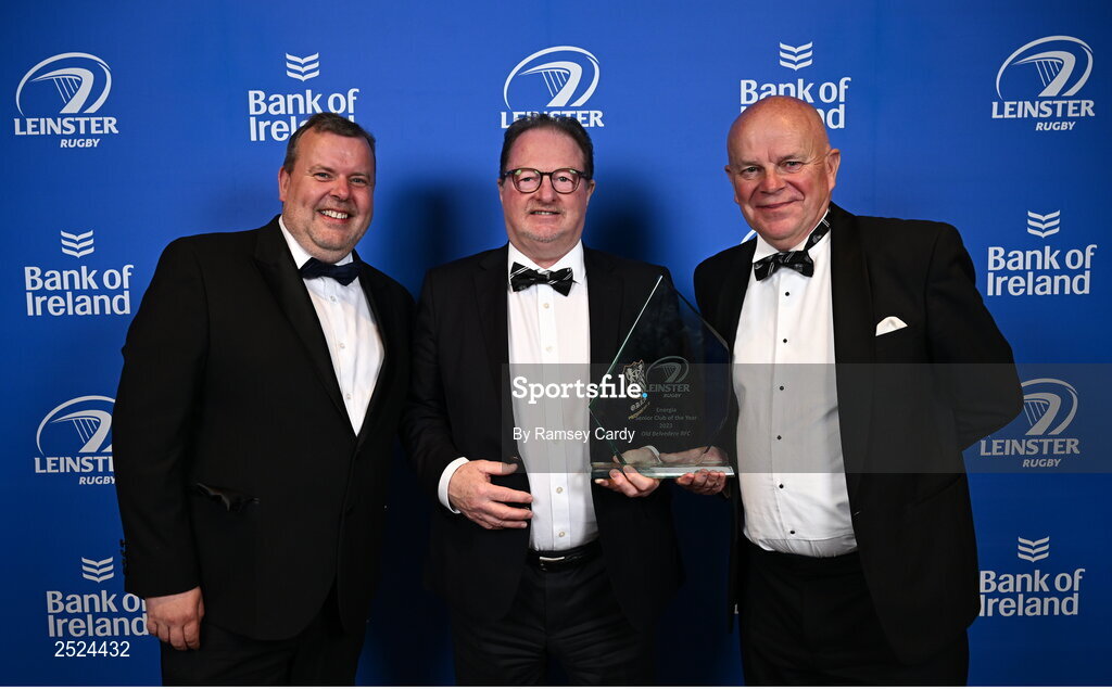 28 May 2023; Francis Quinn, centre, and Paul Nugent of Old Belvedere RFC are presented the Energia Senior Club of the Year award by Geoff Codd of Energia, left, at the Leinster Rugby Awards Ball, which took place at the Clayton Hotel Burlington Road in Dublin, was a celebration of the 2022/23 Leinster Rugby season. Photo by Ramsey Cardy/Sportsfile