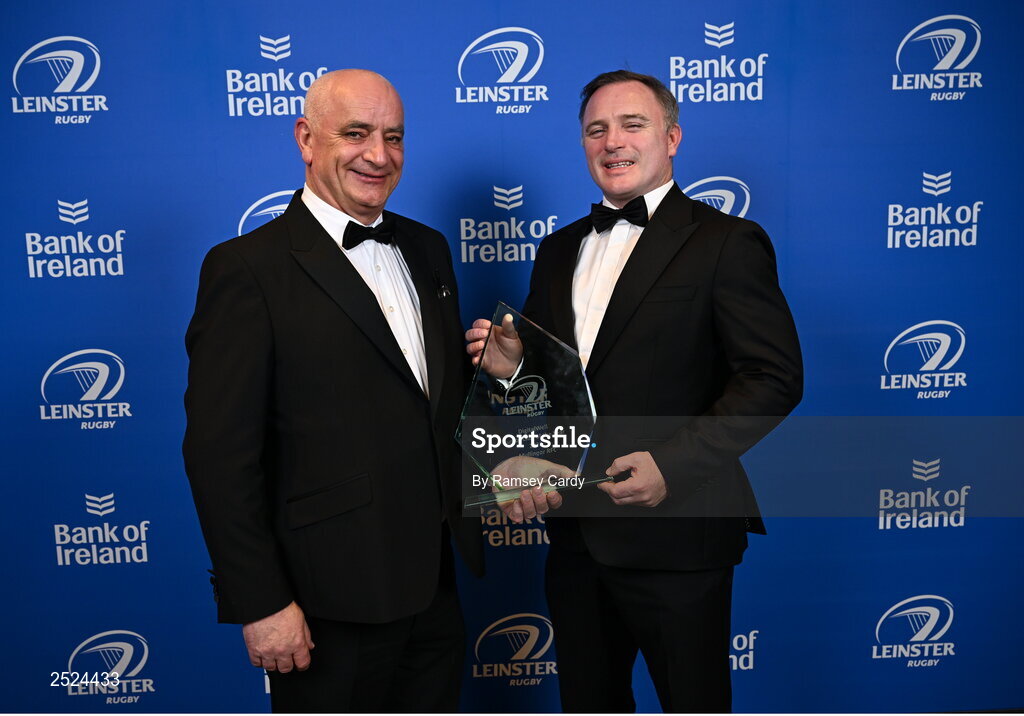 28 May 2023; Conall Fitzgerald of Mullingar RFC is presented the DigitalWell Junior Club of the Year award by Ross Murray of DigitalWell at the Leinster Rugby Awards Ball, which took place at the Clayton Hotel Burlington Road in Dublin, was a celebration of the 2022/23 Leinster Rugby season. Photo by Ramsey Cardy/Sportsfile