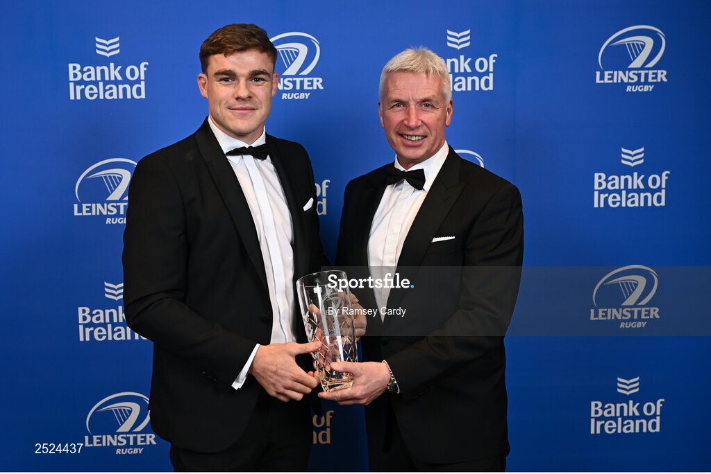 28 May 2023; Garry Ringrose is presented the BDO Supporters Player of the Year award by Ciarán Medlar of BDO at the Leinster Rugby Awards Ball, which took place at the Clayton Hotel Burlington Road in Dublin, was a celebration of the 2022/23 Leinster Rugby season. Photo by Ramsey Cardy/Sportsfile