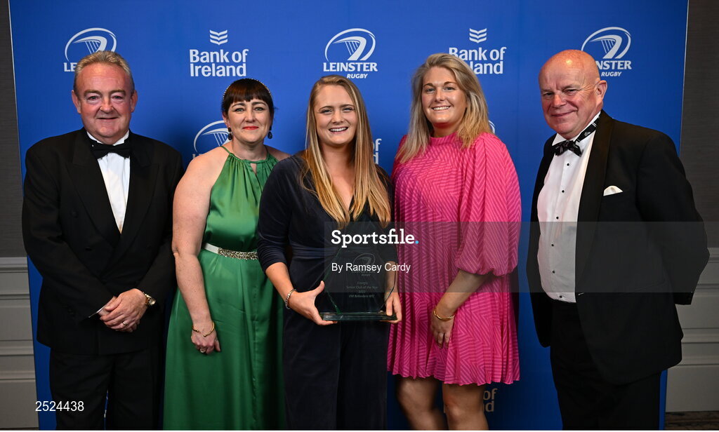 28 May 2023; Members of Old Belvedere RFC, from left, Steve O'Leary, Niamh Lynch, Leslie Ring, Cathy Murphy and Paul Nugent, with the Energia Senior Club of the Year award at the Leinster Rugby Awards Ball, which took place at the Clayton Hotel Burlington Road in Dublin, was a celebration of the 2022/23 Leinster Rugby season. Photo by Ramsey Cardy/Sportsfile