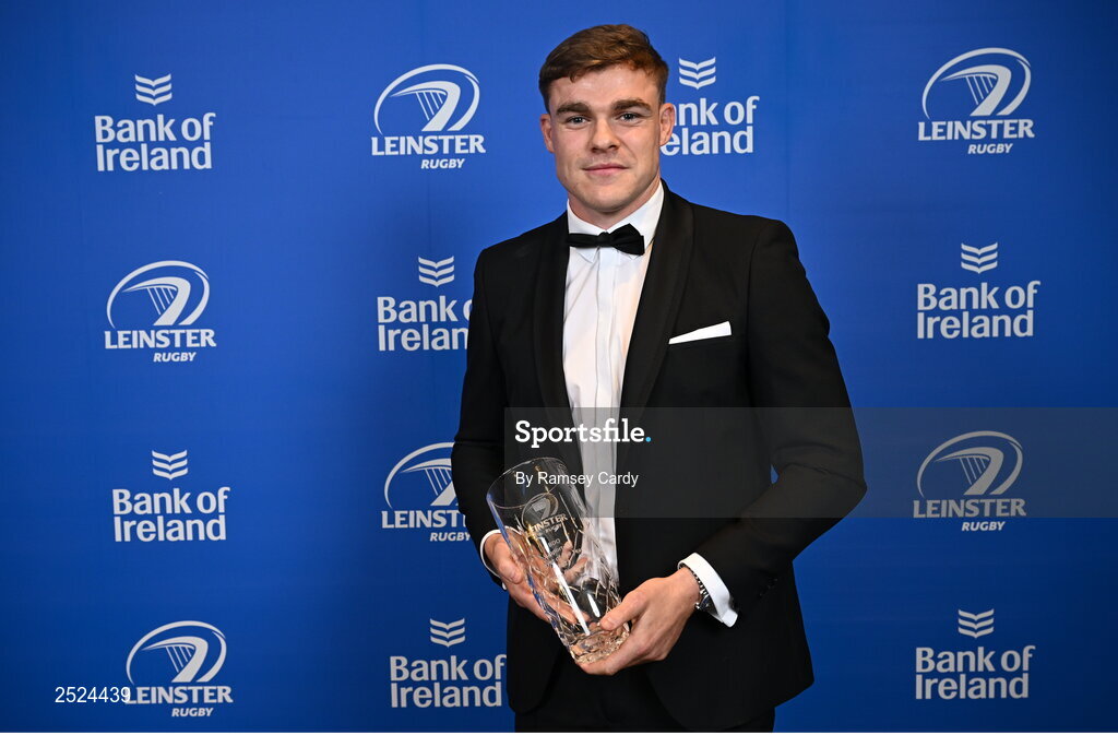 28 May 2023; Garry Ringrose with the BDO Supporters Player of the Year award at the Leinster Rugby Awards Ball, which took place at the Clayton Hotel Burlington Road in Dublin, was a celebration of the 2022/23 Leinster Rugby season. Photo by Ramsey Cardy/Sportsfile