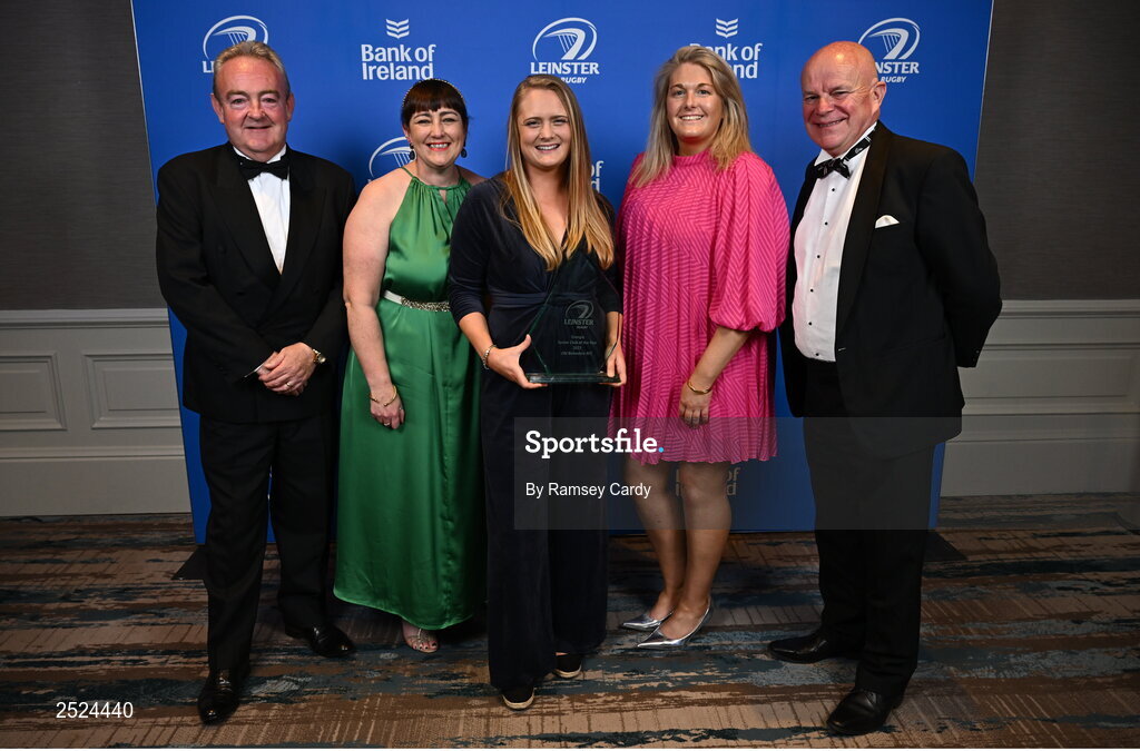 28 May 2023; Members of Old Belvedere RFC, from left, Steve O'Leary, Niamh Lynch, Leslie Ring, Cathy Murphy and Paul Nugent, with the Energia Senior Club of the Year award at the Leinster Rugby Awards Ball, which took place at the Clayton Hotel Burlington Road in Dublin, was a celebration of the 2022/23 Leinster Rugby season. Photo by Ramsey Cardy/Sportsfile