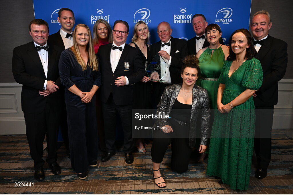28 May 2023; Members of Old Belvedere RFC with the Energia Senior Club of the Year award at the Leinster Rugby Awards Ball, which took place at the Clayton Hotel Burlington Road in Dublin, was a celebration of the 2022/23 Leinster Rugby season. Photo by Ramsey Cardy/Sportsfile