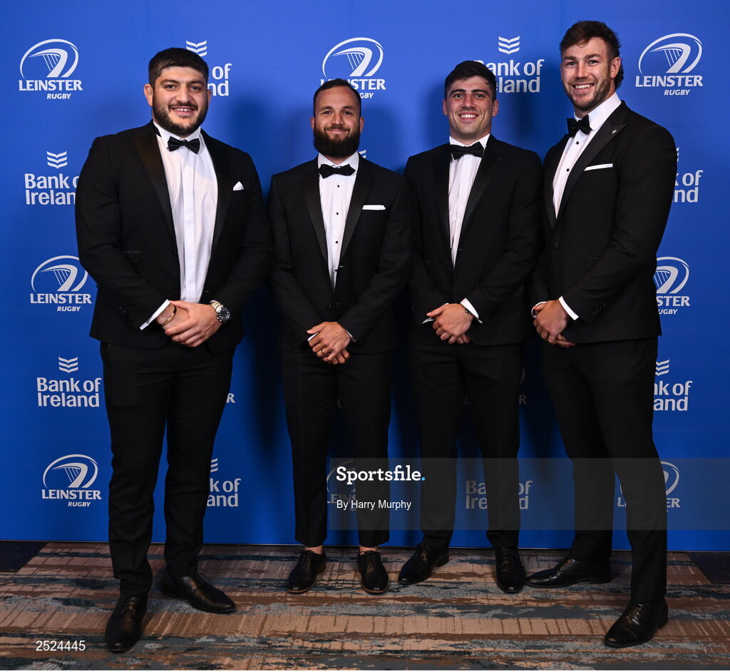 28 May 2023; On arrival at the Leinster Rugby Awards Ball is, from left, Vakhtang Abdaladze, Jamison Gibson-Park, Jimmy O'Brien and Caelan Doris. The Leinster Rugby Awards Ball, which took place at the Clayton Hotel Burlington Road in Dublin, was a celebration of the 2022/23 Leinster Rugby season. Photo by Harry Murphy/Sportsfile