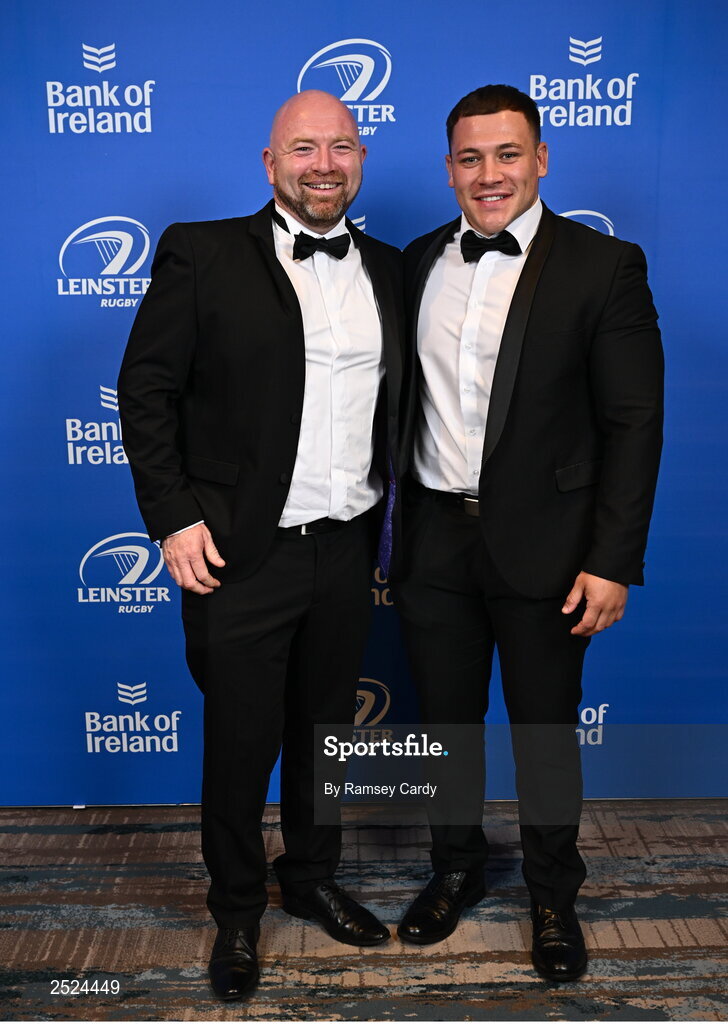 28 May 2023; Senior kitman Jim Bastick, left, and Tadhg McElroy at the Leinster Rugby Awards Ball, which took place at the Clayton Hotel Burlington Road in Dublin, was a celebration of the 2022/23 Leinster Rugby season. Photo by Ramsey Cardy/Sportsfile