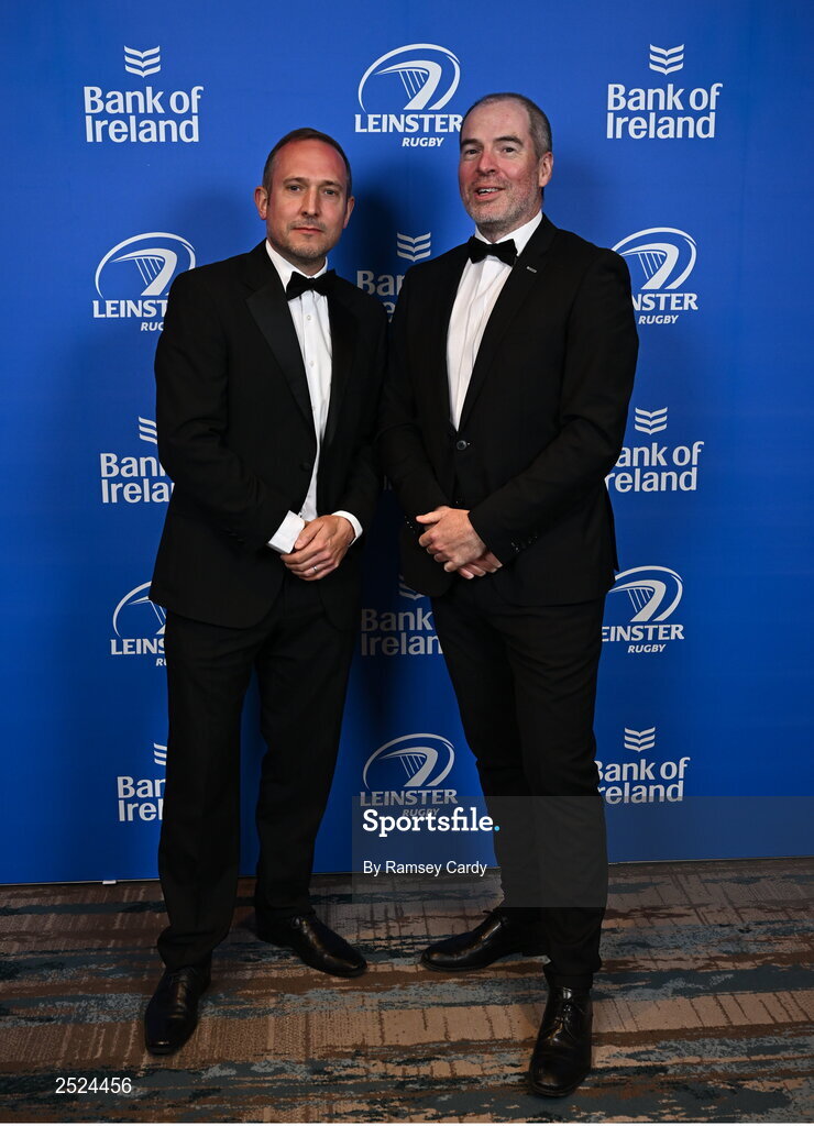 28 May 2023; Glen Bailey, left, and Ross O'Mullane of Energia at the Leinster Rugby Awards Ball, which took place at the Clayton Hotel Burlington Road in Dublin, was a celebration of the 2022/23 Leinster Rugby season. Photo by Ramsey Cardy/Sportsfile