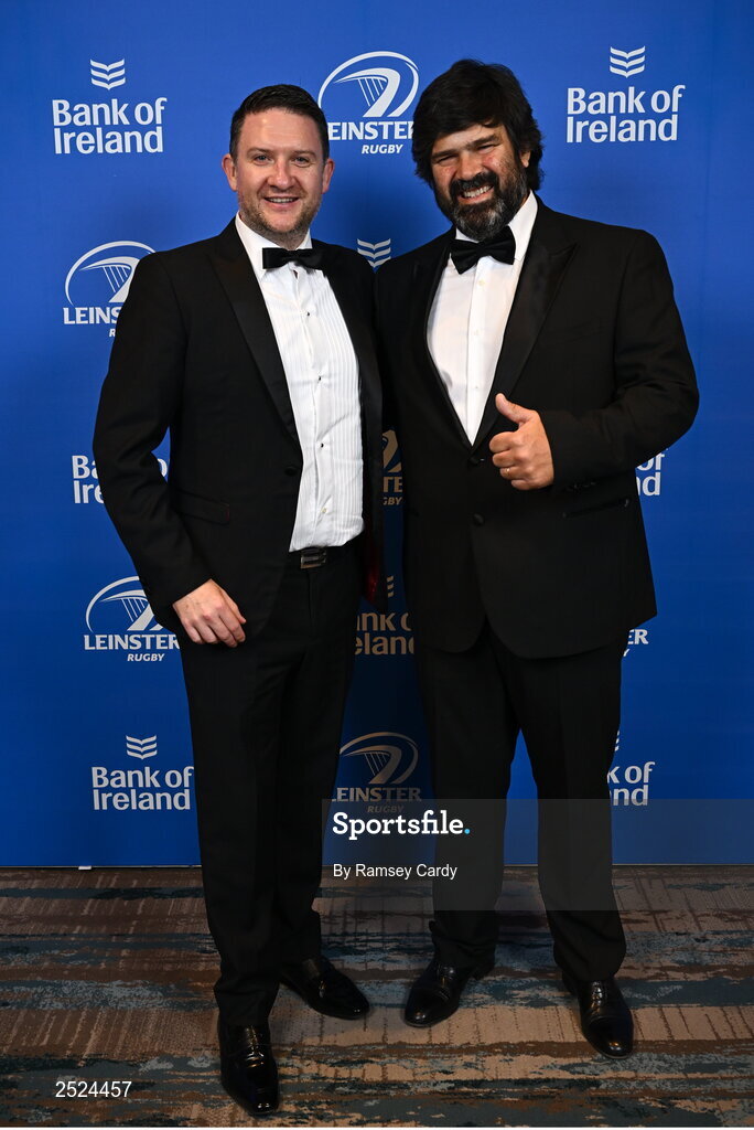 28 May 2023; Paul Donegan, left, and Luis Cunha of Fortinet at the Leinster Rugby Awards Ball, which took place at the Clayton Hotel Burlington Road in Dublin, was a celebration of the 2022/23 Leinster Rugby season. Photo by Ramsey Cardy/Sportsfile