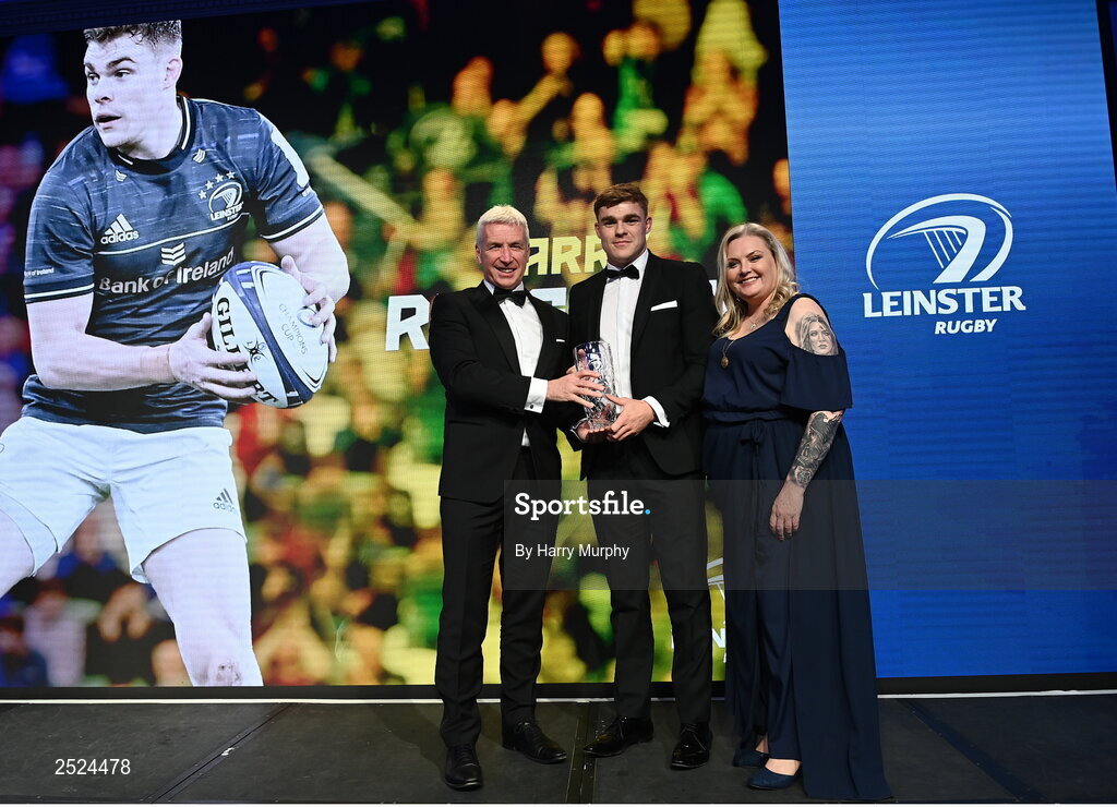 28 May 2023; Garry Ringrose is presented the BDO Supporters Player of the Year award by Ciarán Medlar of BDO. The Leinster Rugby Awards Ball, which took place at The Clayton Hotel Burlington Road in Dublin, was a celebration of the 2022/23 Leinster Rugby. Photo by Harry Murphy/Sportsfile