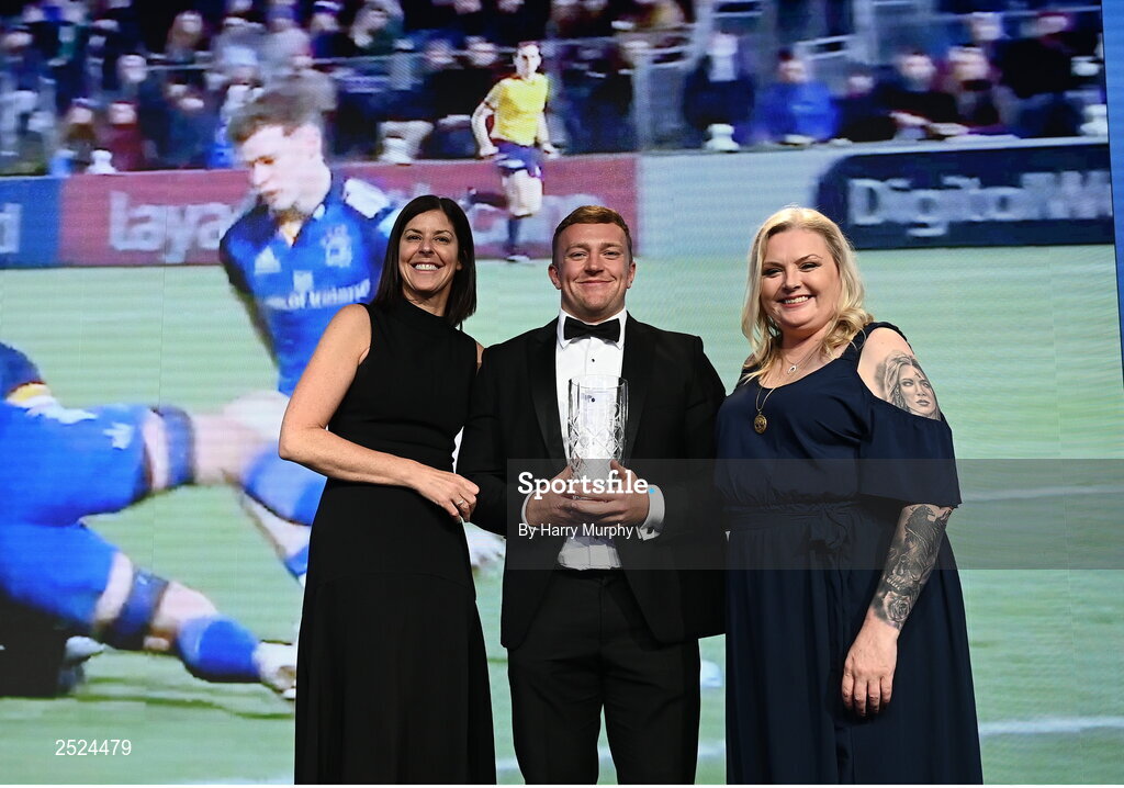 28 May 2023; Liam Turner is presented the Just Eat Tackle of the Year award by Amanda Roche-Kelly of Just Eat and Leinster Rugby president Debbie Carty. The Leinster Rugby Awards Ball, which took place at The Clayton Hotel Burlington Road in Dublin, was a celebration of the 2022/23 Leinster Rugby. Photo by Harry Murphy/Sportsfile