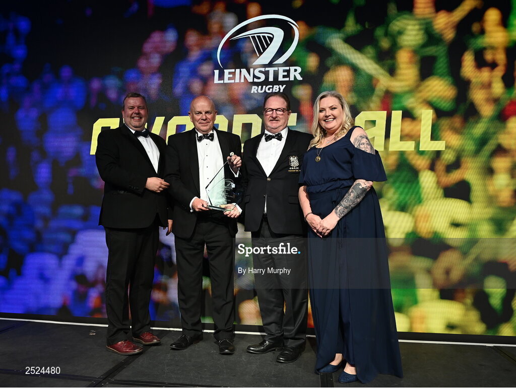 28 May 2023; Paul Nugent and Francis Quinn of Old Belvedere RFC is presented the Energia Senior Club of the Year award by Geoff Codd of Energia and Leinster Rugby president Debbie Carty. The Leinster Rugby Awards Ball, which took place at The Clayton Hotel Burlington Road in Dublin, was a celebration of the 2022/23 Leinster Rugby. Photo by Harry Murphy/Sportsfile