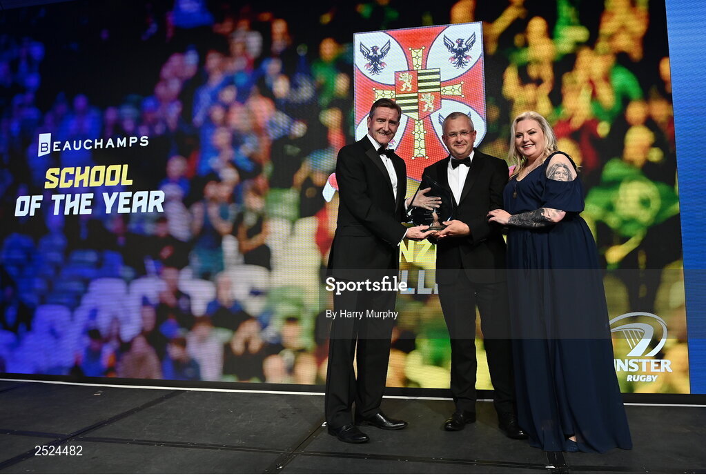 28 May 2023; Damon McCaul of Gonzaga College is presented Beauchamps School of the Year award by Edward Evans of Beauchamps and Leinster Rugby president Debbie Carty. The Leinster Rugby Awards Ball, which took place at The Clayton Hotel Burlington Road in Dublin, was a celebration of the 2022/23 Leinster Rugby. Photo by Harry Murphy/Sportsfile