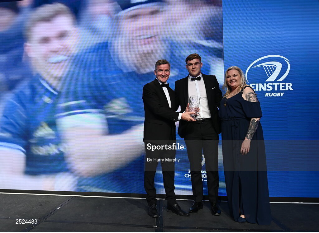 28 May 2023; Garry Ringrose is presented The Irish Times Try of the Year award by Noel O'Reilly of The Irish Times and Leinster Rugby president Debbie Carty. The Leinster Rugby Awards Ball, which took place at The Clayton Hotel Burlington Road in Dublin, was a celebration of the 2022/23 Leinster Rugby. Photo by Harry Murphy/Sportsfile