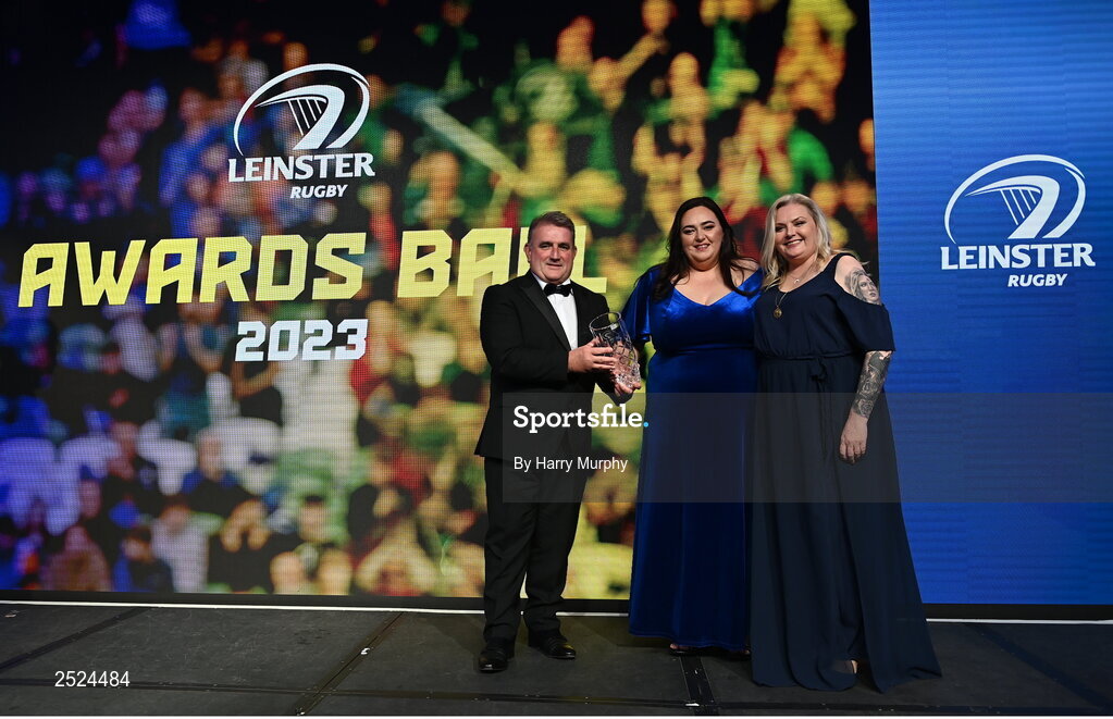 28 May 2023; Rachael O'Brien is presented the Nissan Ireland Contribution to Leinster Rugby award by Seamus Morgan of Nissan Ireland and Leinster Rugby president Debbie Carty . The Leinster Rugby Awards Ball, which took place at The Clayton Hotel Burlington Road in Dublin, was a celebration of the 2022/23 Leinster Rugby. Photo by Harry Murphy/Sportsfile