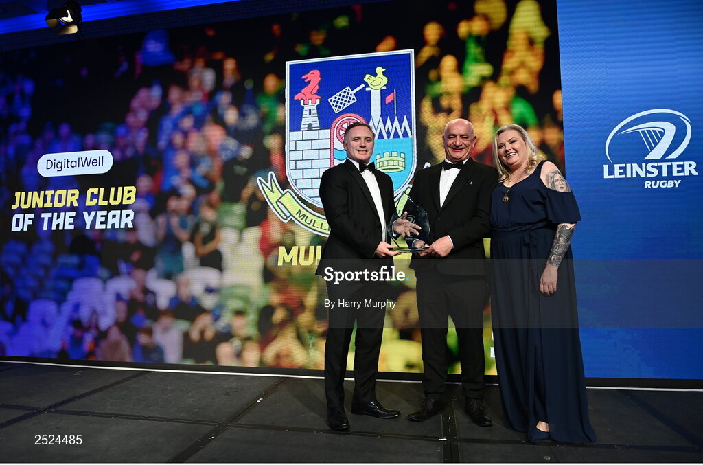 28 May 2023; Conall Fitzgerald of Mullingar RFC is presented the DigitalWell Junior Club of the Year award by Ross Murray of DigitalWell and Leinster Rugby president Debbie Carty. The Leinster Rugby Awards Ball, which took place at The Clayton Hotel Burlington Road in Dublin, was a celebration of the 2022/23 Leinster Rugby. Photo by Harry Murphy/Sportsfile