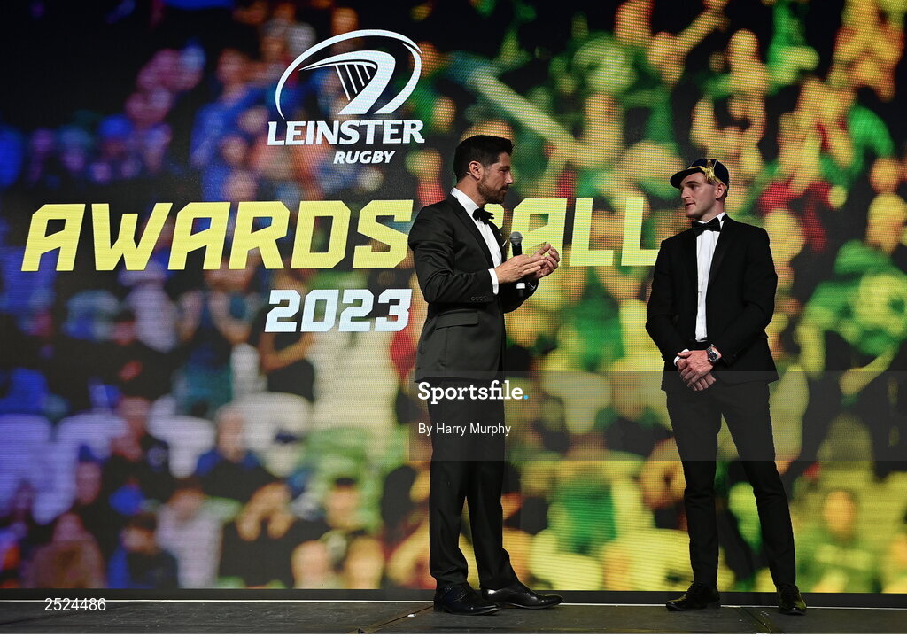 28 May 2023; Nick McCarthy speaks to MC Craig Doyle. The Leinster Rugby Awards Ball, which took place at The Clayton Hotel Burlington Road in Dublin, was a celebration of the 2022/23 Leinster Rugby season. Photo by Harry Murphy/Sportsfile