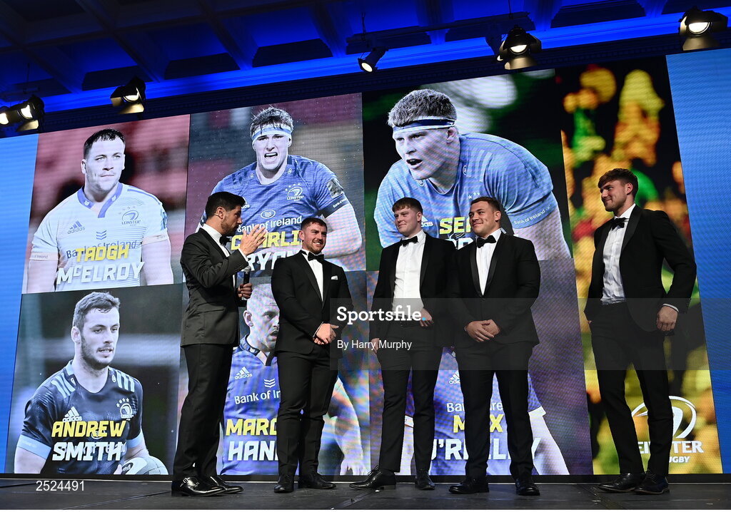 28 May 2023; MC Craig Doyle speaks to departing players, from left, Marcus Hanan, Sean O'Brien, Tadgh McElroy and Max O'Reilly. The Leinster Rugby Awards Ball, which took place at The Clayton Hotel Burlington Road in Dublin, was a celebration of the 2022/23 Leinster Rugby season. Photo by Harry Murphy/Sportsfile