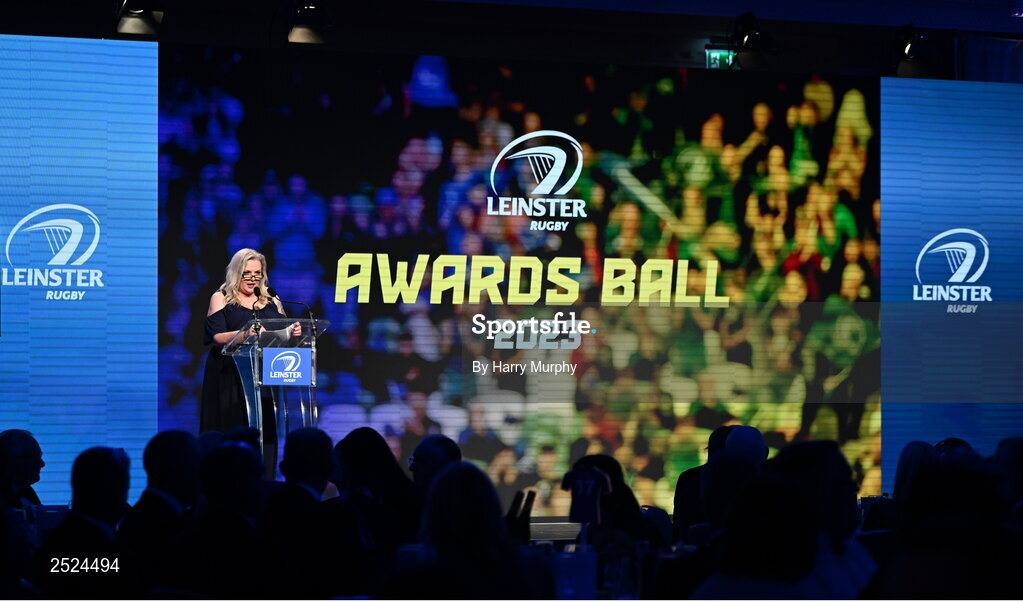 28 May 2023; Leinster Rugby president Debbie Carty speaks during the Leinster Rugby Awards Ball, which took place at The Clayton Hotel Burlington Road in Dublin, was a celebration of the 2022/23 Leinster Rugby season. Photo by Harry Murphy/Sportsfile