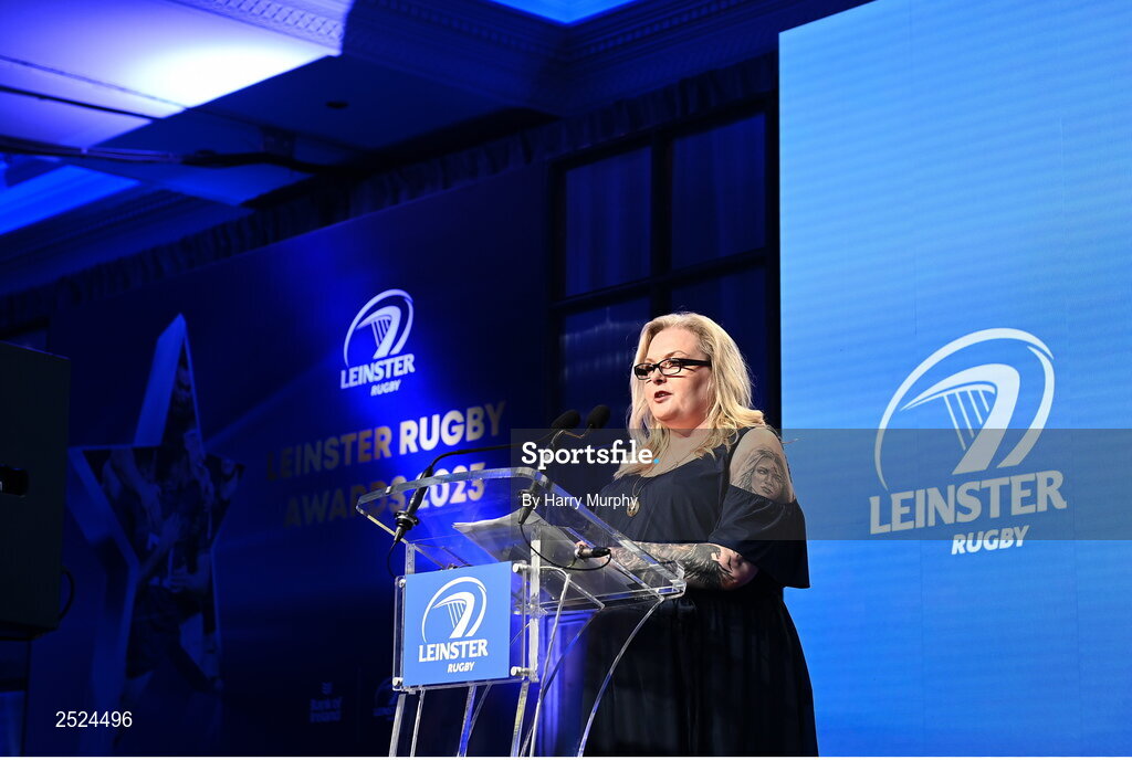 28 May 2023; Leinster Rugby president Debbie Carty speaks during the Leinster Rugby Awards Ball, which took place at The Clayton Hotel Burlington Road in Dublin, was a celebration of the 2022/23 Leinster Rugby season. Photo by Harry Murphy/Sportsfile