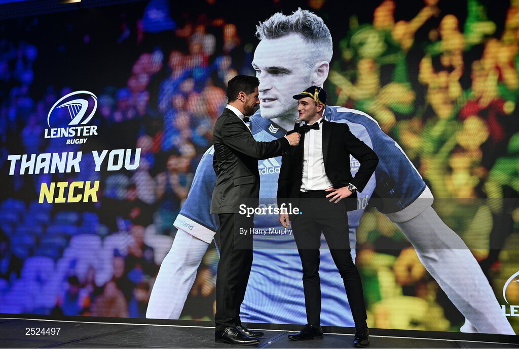 28 May 2023; Nick McCarthy speaks to MC Craig Doyle. The Leinster Rugby Awards Ball, which took place at The Clayton Hotel Burlington Road in Dublin, was a celebration of the 2022/23 Leinster Rugby season. Photo by Harry Murphy/Sportsfile