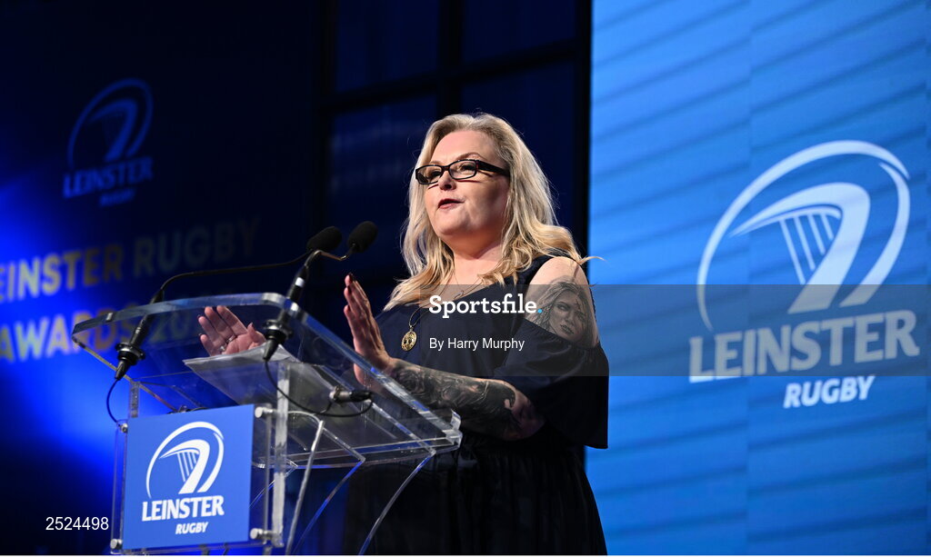 28 May 2023; Leinster Rugby president Debbie Carty speaks during the Leinster Rugby Awards Ball, which took place at The Clayton Hotel Burlington Road in Dublin, was a celebration of the 2022/23 Leinster Rugby season. Photo by Harry Murphy/Sportsfile