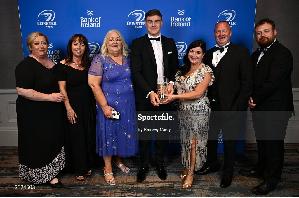 28 May 2023; Garry Ringrose with his BDO Supporters Player of the Year award, with members of the Official Leinster Supporters Club at the Leinster Rugby Awards Ball, which took place at the Clayton Hotel Burlington Road in Dublin, was a celebration of the 2022/23 Leinster Rugby season. Photo by Ramsey Cardy/Sportsfile