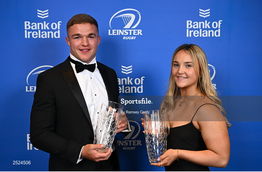 28 May 2023; Scott Penny with his Laya Healthcare Men's Young Player of the Year award, and Aoife Dalton with her BearingPoint Women's Young Player of the Year award at the Leinster Rugby Awards Ball, which took place at the Clayton Hotel Burlington Road in Dublin, was a celebration of the 2022/23 Leinster Rugby season. Photo by Ramsey Cardy/Sportsfile