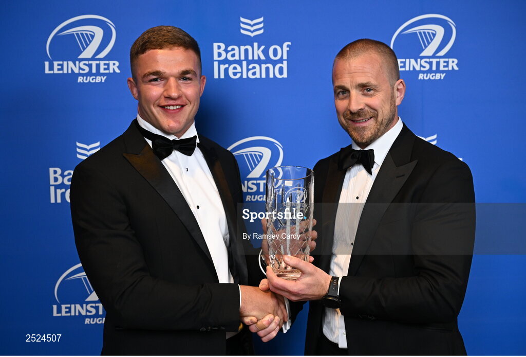 28 May 2023; Scott Penny is presented the Laya Healthcare Men's Young Player of the Year award by D.O. O'Connor of Laya Healthcare at the Leinster Rugby Awards Ball, which took place at the Clayton Hotel Burlington Road in Dublin, was a celebration of the 2022/23 Leinster Rugby season. Photo by Ramsey Cardy/Sportsfile